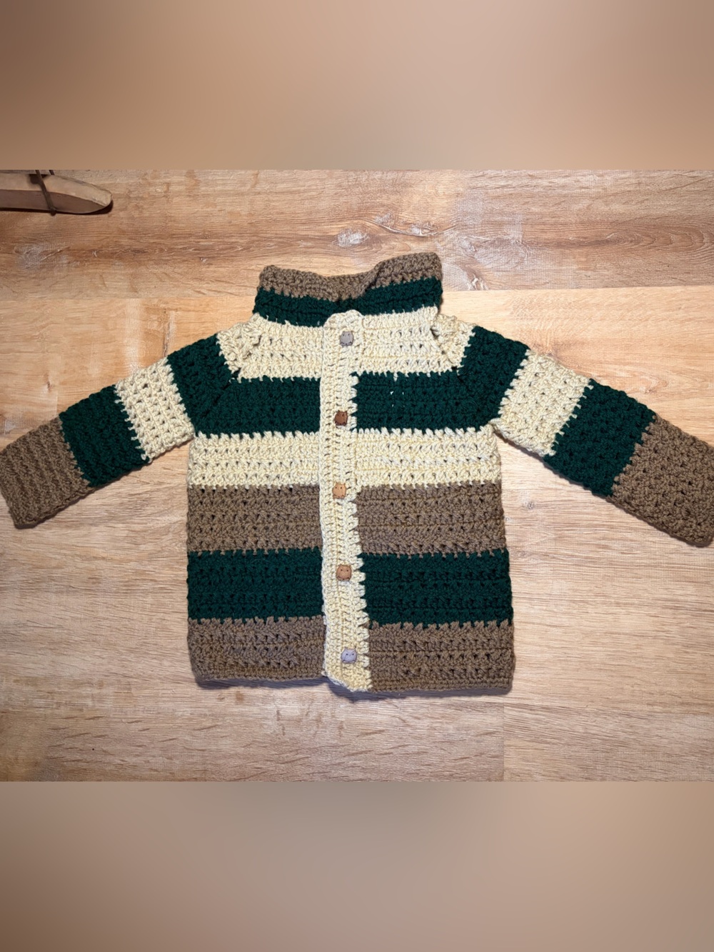 Handmade Earth Toned Crochet Striped Cardigan Toddler Jacket with Owl Buttons